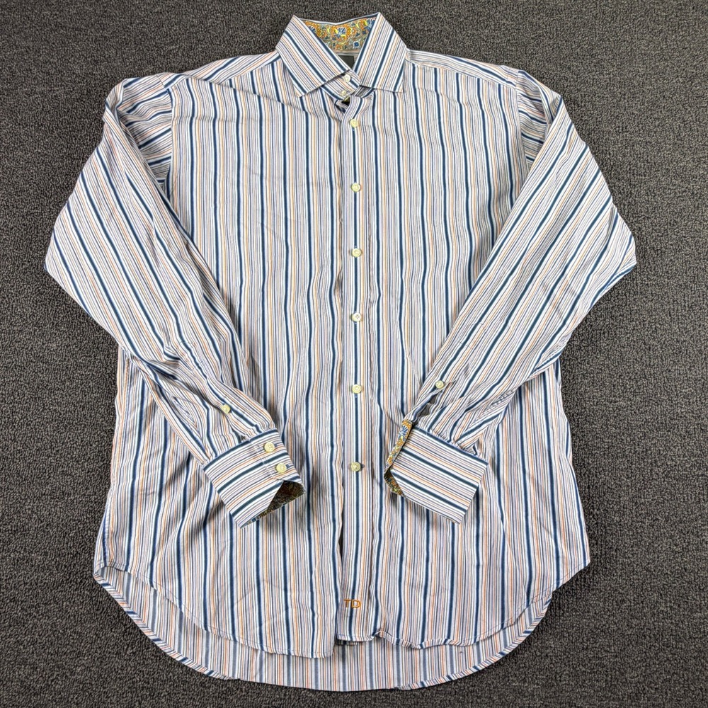 Thomas Dean Shirt Mens M Blue Orange Stripe Long Staple 2-Ply Cotton EUC